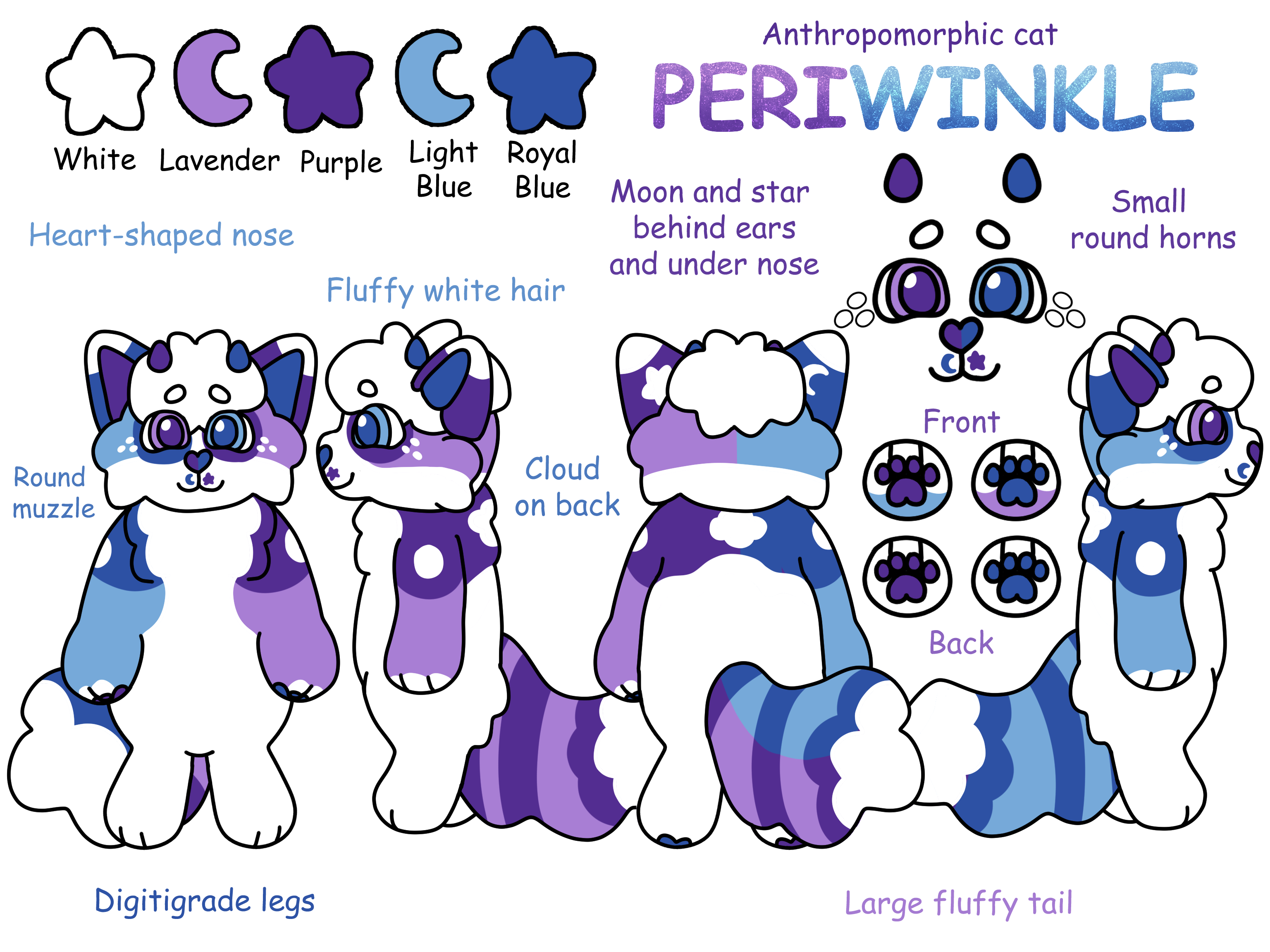 Plush reference of Peri in their anthro form from four views: front, left, back, and right. Their color palette is white, lavender, purple, light blue, and royal blue. Notes around them say: 'Anthropomorphic cat, Heart-shaped nose, Fluffy white hair, Moon and star behind ears and under nose, Small round horns, Round muzzle, Cloud on back, Digitigrade legs, and Large fluffy tail.'