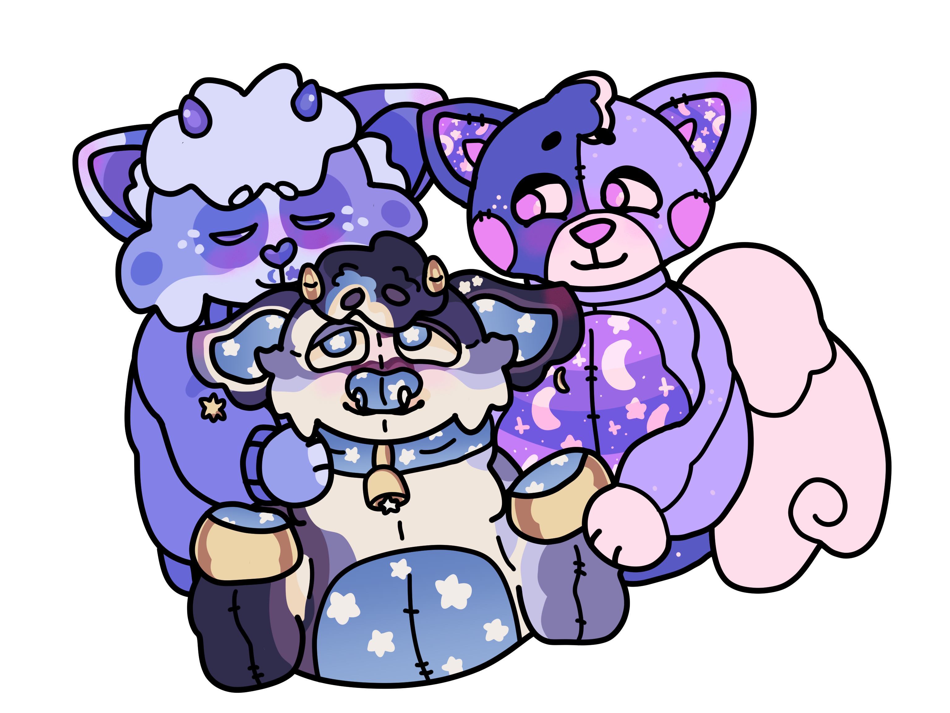 Three anthropomorphic plush partners, Periwinkle, Slumpurr, and Lullaby, embracing each other with loving expressions.