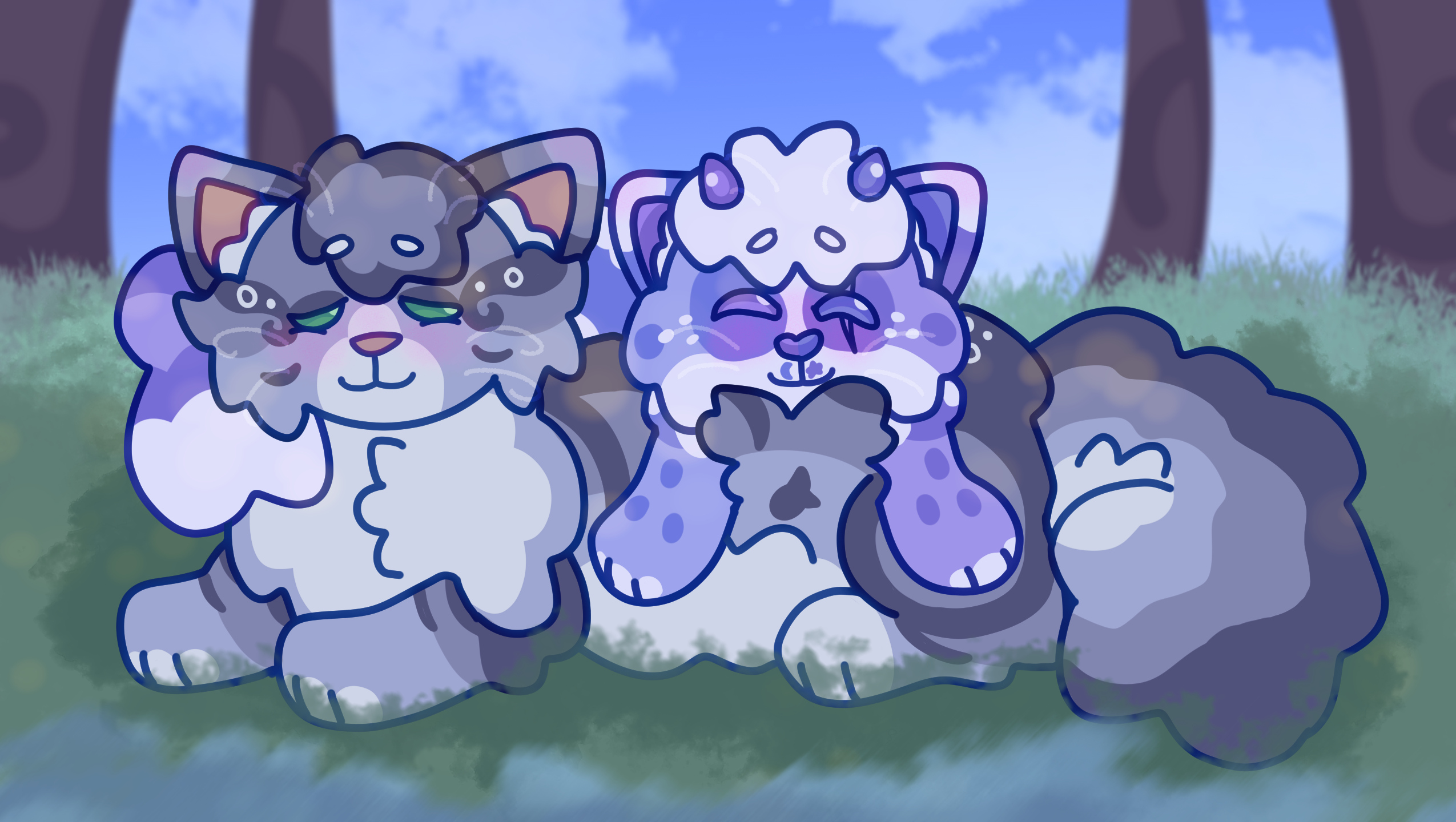 Periwinkle and River Ripple, a fluffy gray striped cat, lovingly resting together in a forest beside a river.