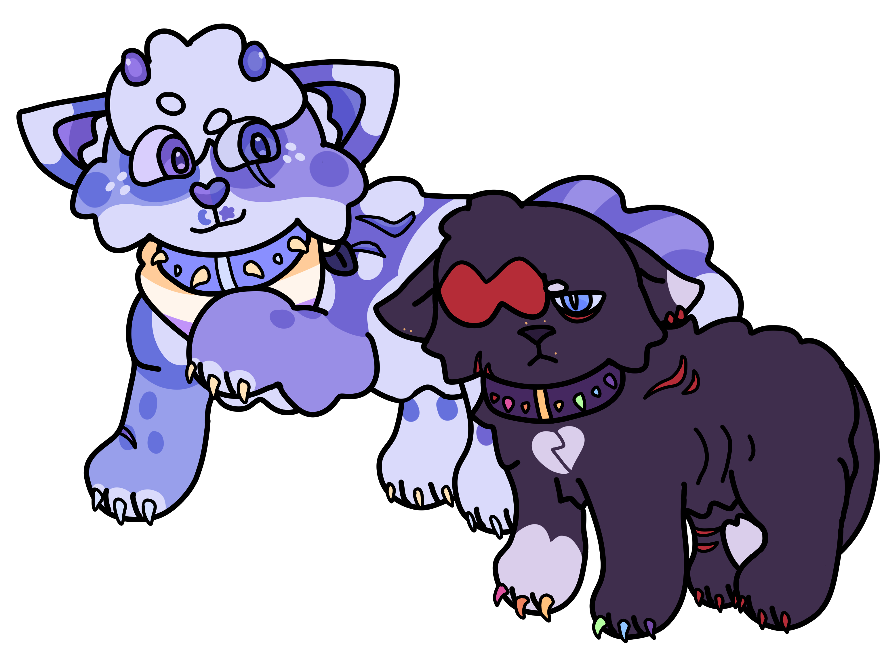 Periwinkle with Scourge from Warriors. Peri wears a blue and yellow spiked collar over a nonbinary bandana. They have colorful claws and a mischevious smile as they look at Scourge. Scourge, a small black cat with a white paw and ice-blue eyes, has an irritated and cold expression. He has dyed red fur covering one eye. He has various scars, a purple spiked collar and golden piercings. He has long, rainbow-colored claws.