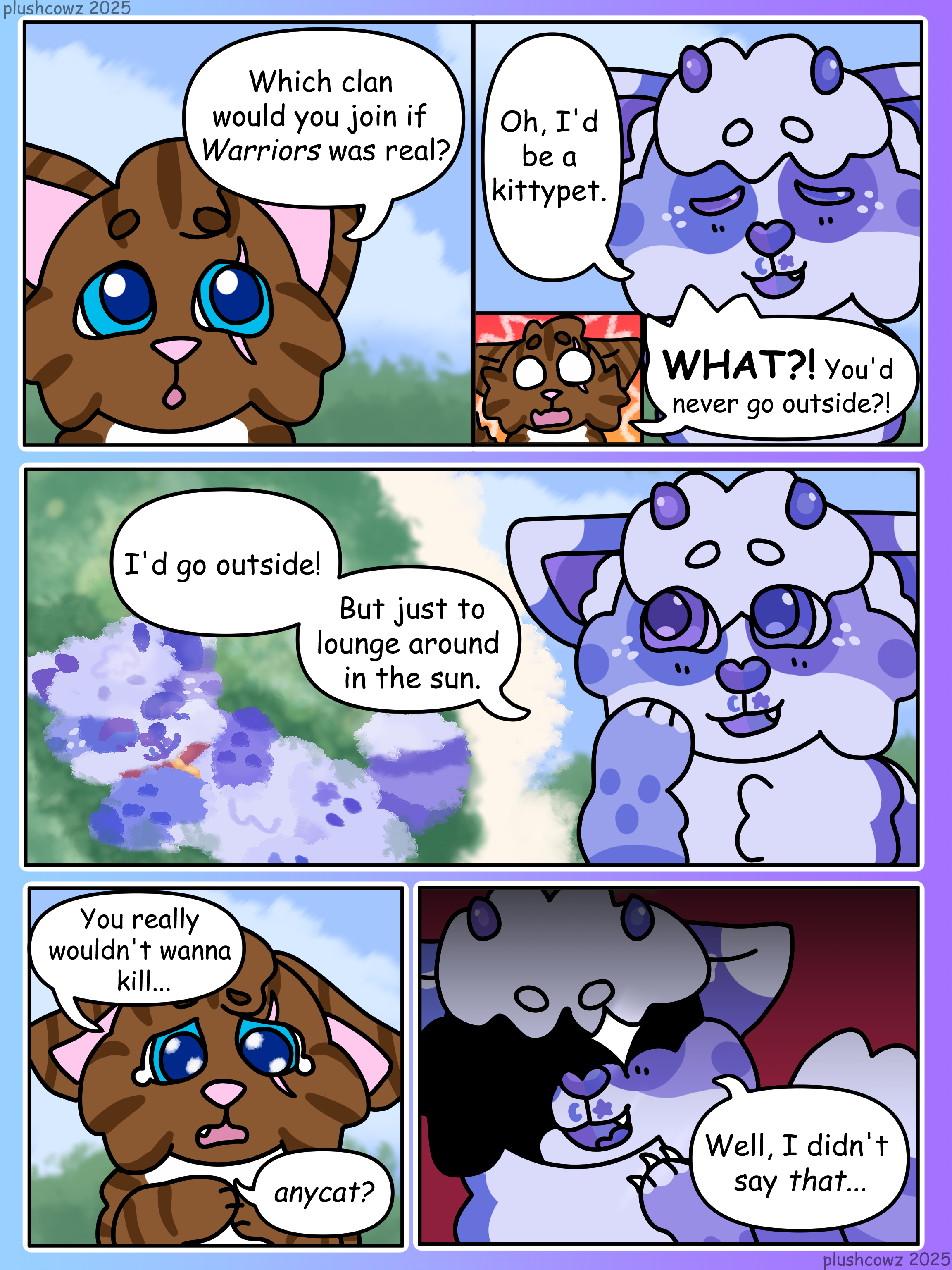 A five panel comic of a conversation between Rosepetal, a brown tabby cat, and Periwinkle. Long description is below.