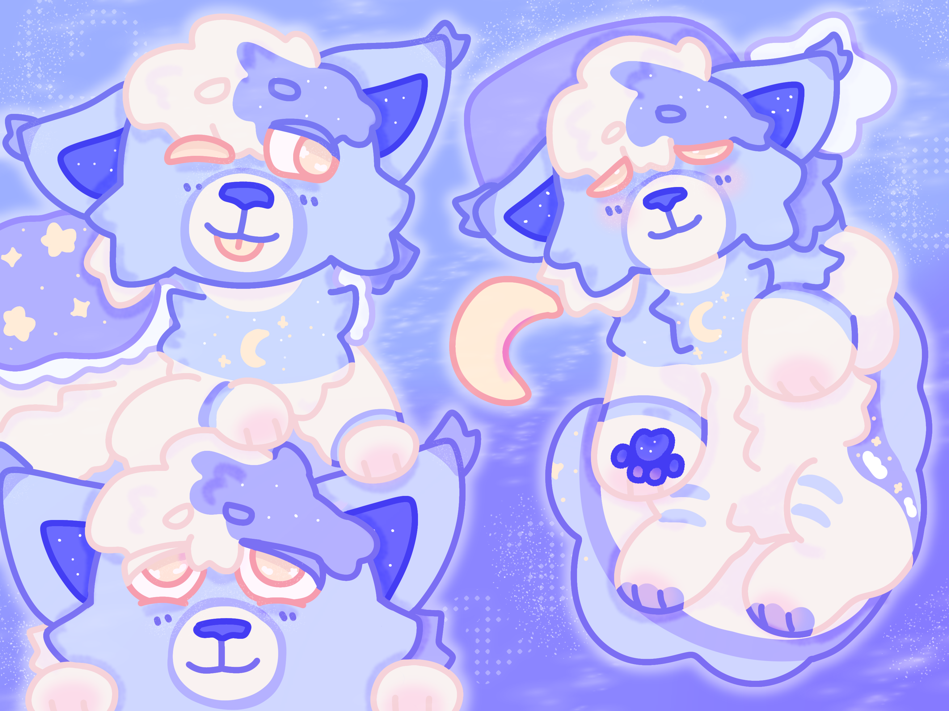 Scene of a sleepy blue and white cat with yellow eyes and cloud markings. There are three versions of the cat floating in a blue, dreamy landscape; one is looking up with a smile from the bottom left. Another stands on their head while wearing a blue blanket and winking at the last one to the right, who is sleeping on moon and star pillows.