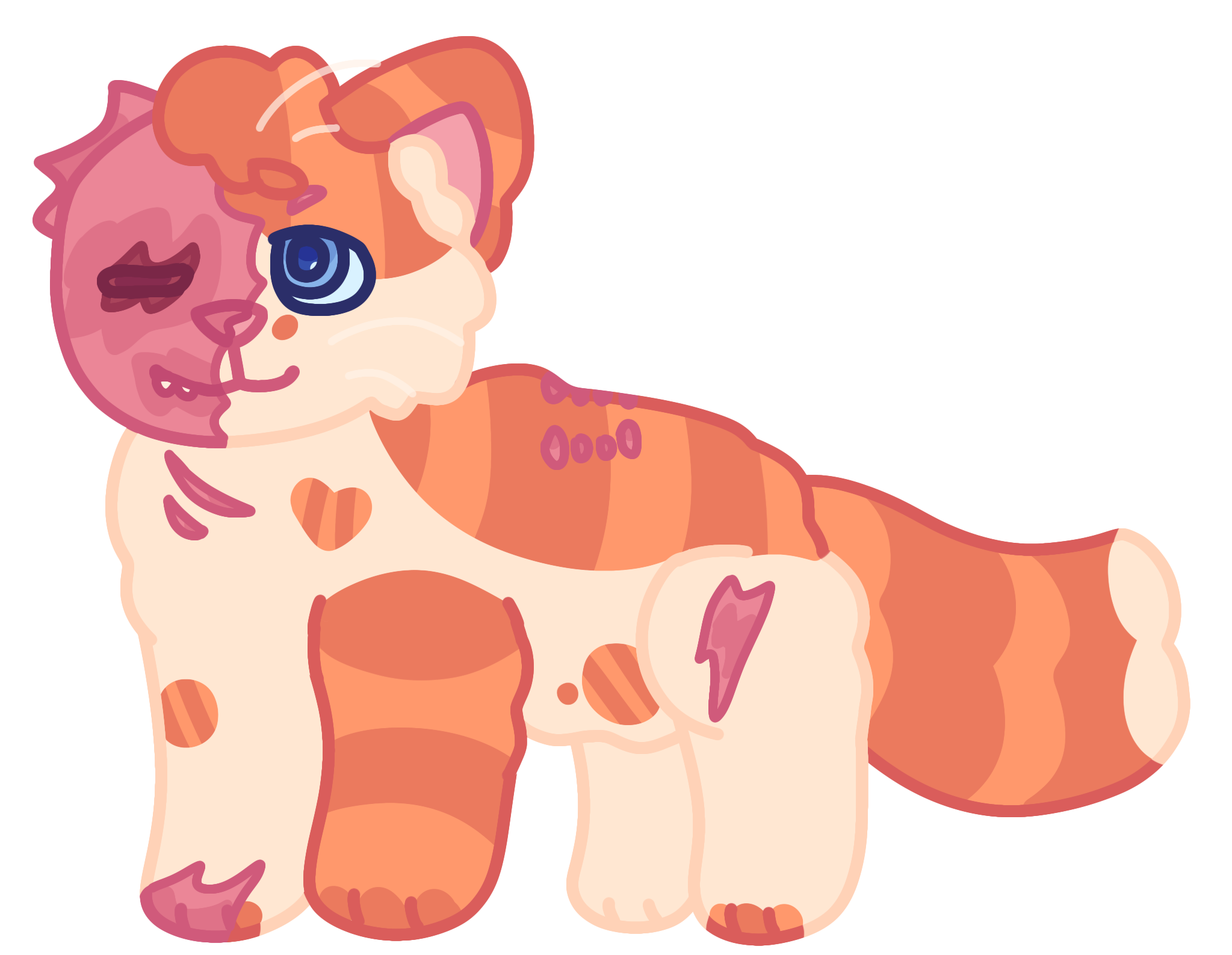 Design of Bright heart from Warriors. She is a white cat with striped orange patches and heavy scarring, the left half of her face is torn off and she has one blue eye.