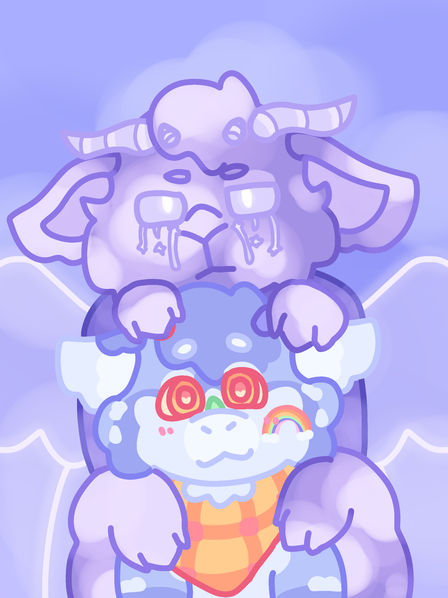 Claude, an anthro lavender-colored dragon with cloud markings, rests their paws on Wonder, an anthro light blue dragon with cloud and rainbow markings. Claude looks protective over Wonder, who smiles cheerfully.