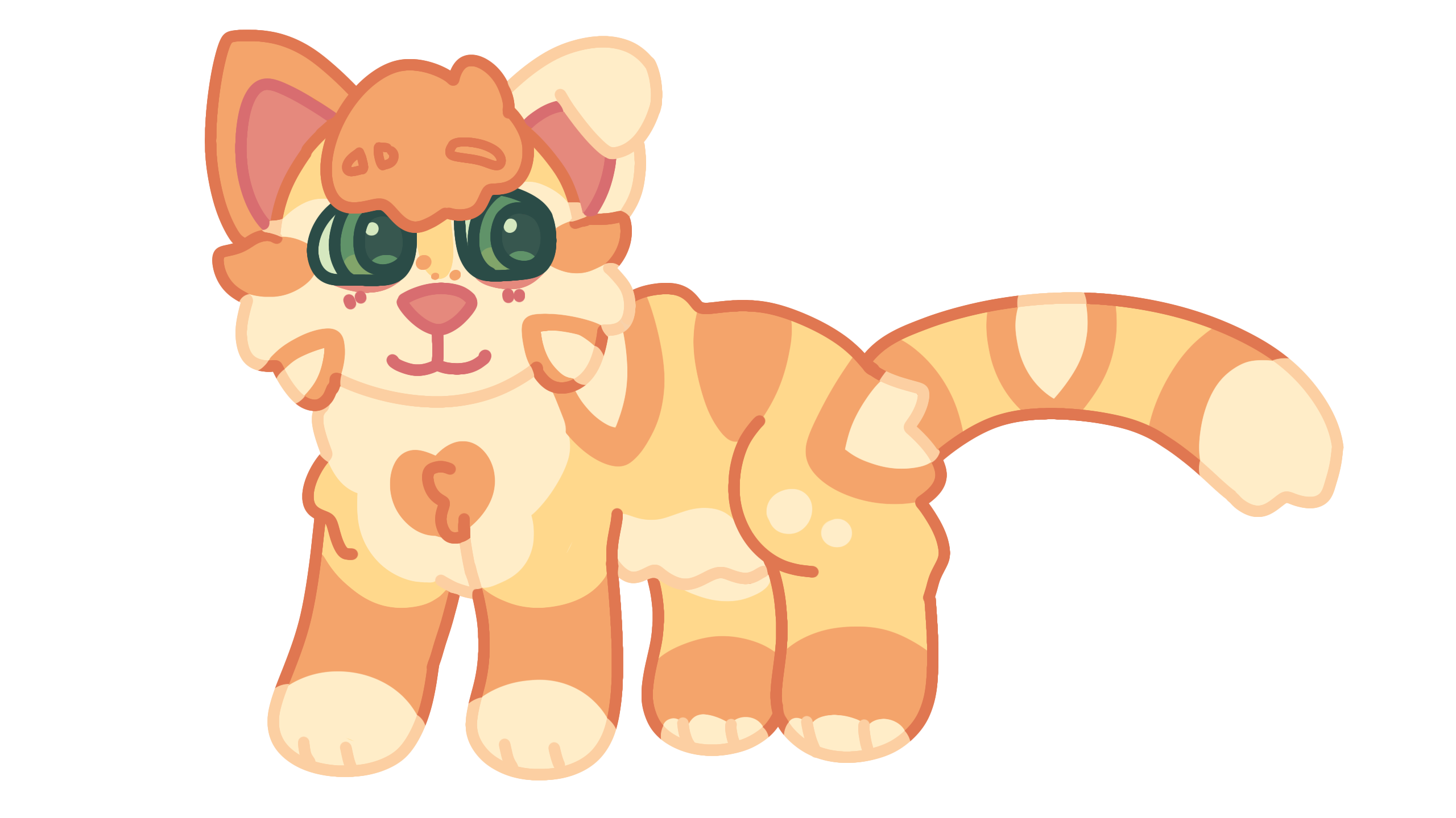 Fullbody of a yellow cat with orange stripes and cream markings. She has a friendly expression with emerald green eyes and one slitted eyebrow. One of her pointed ears is white and flopped.