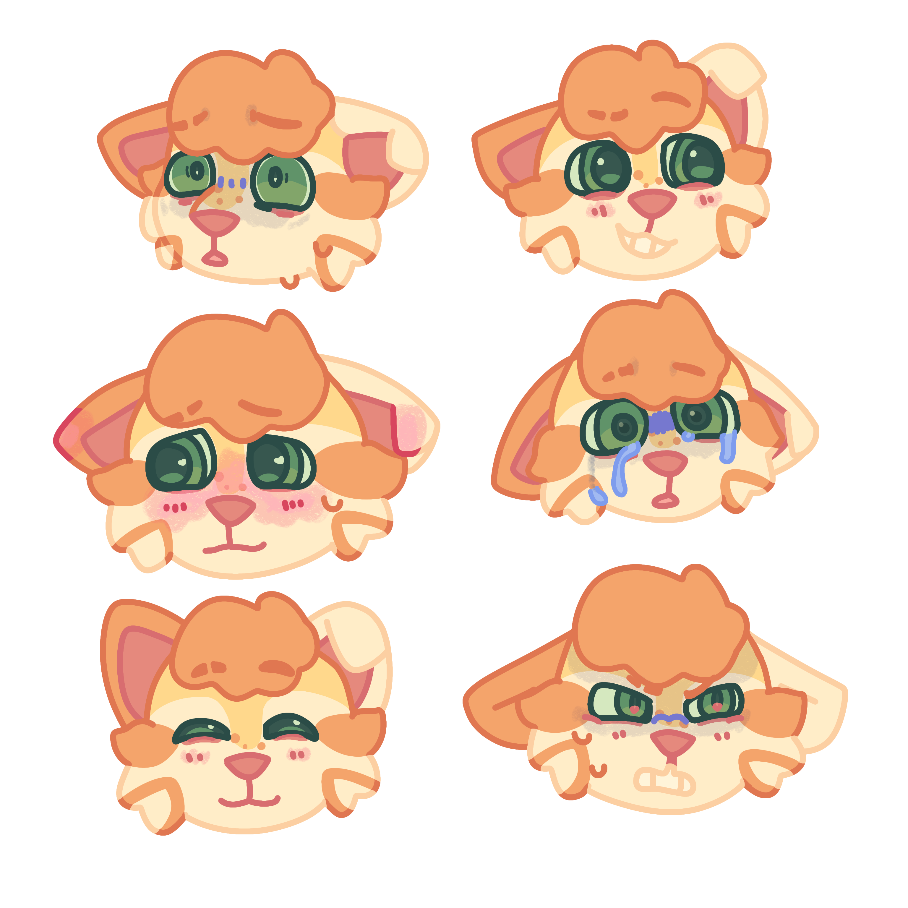 6 different headshots of a yellow cat in different expresssions. The expressions are: distraut, playful, blushing, crying, cheerful, and angry.