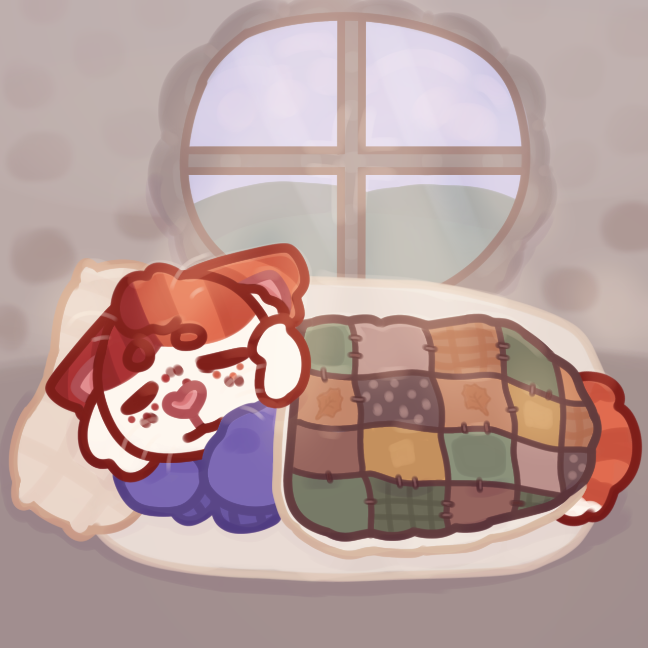 Scene of my OC Carnelian sleeping in bed underneath a fall-themed quilt. They are an anthropomorphic calico kitten wearing a purple sweater. Light shines on them through a round window in a stony wall.