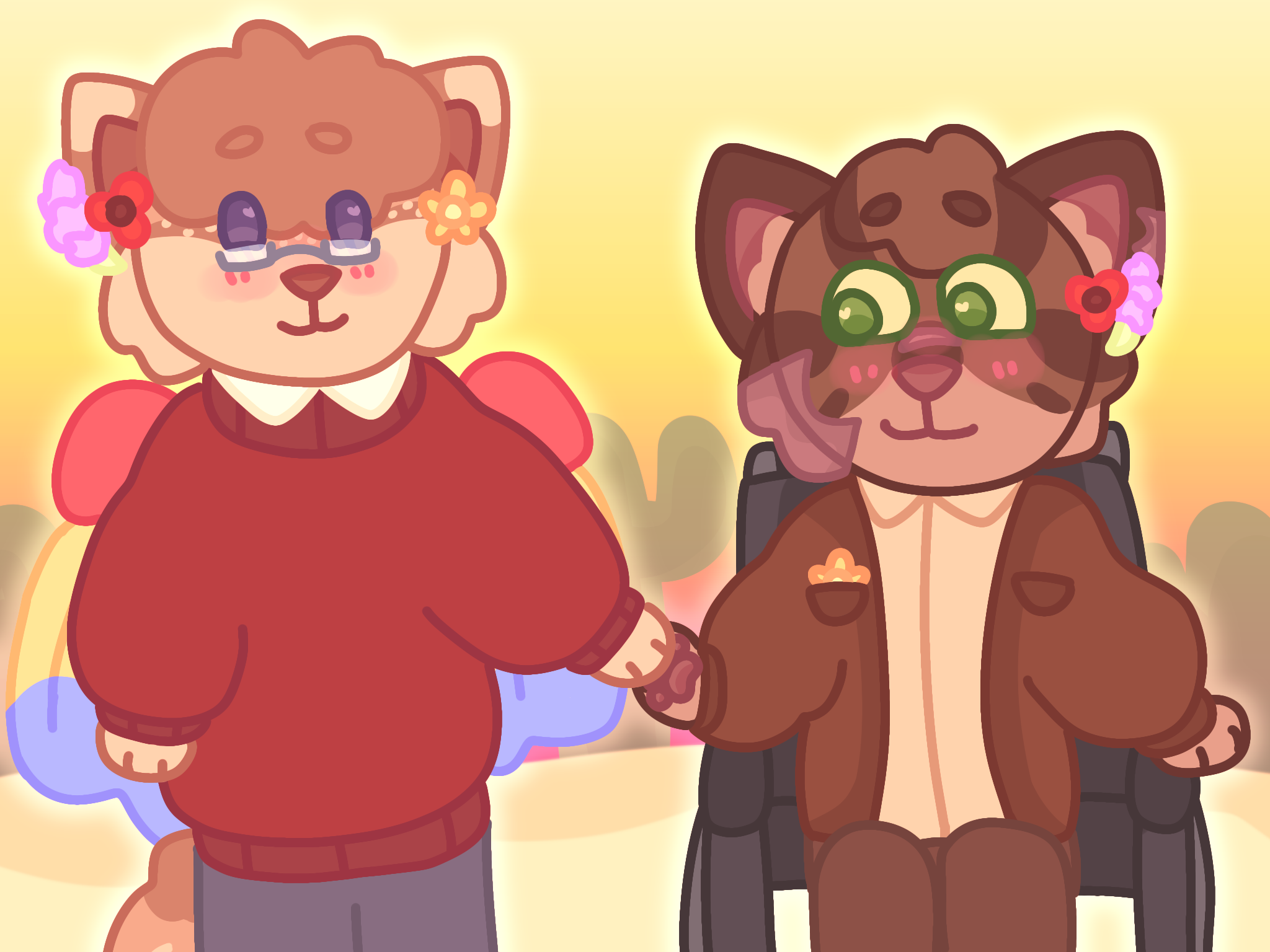 Anthropomorphic versions of my Grian and Scar catified designs. They are holding hands and blushing in a desert at sunset.