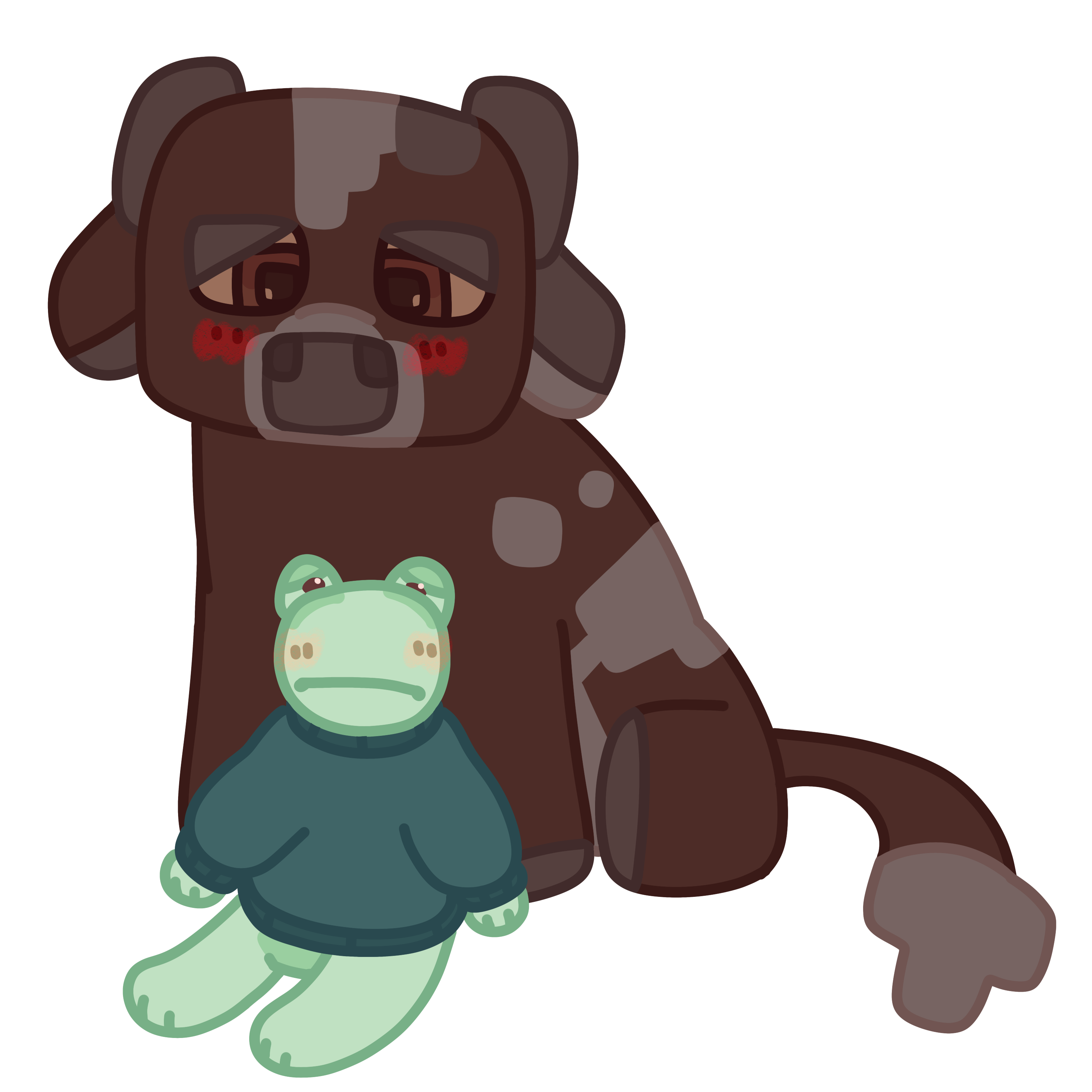 Henry, a plush Minecraft cow sweetly looks down at Fergus, a green Jellycat frog plush wearing a sweater. They are both blushing happily.