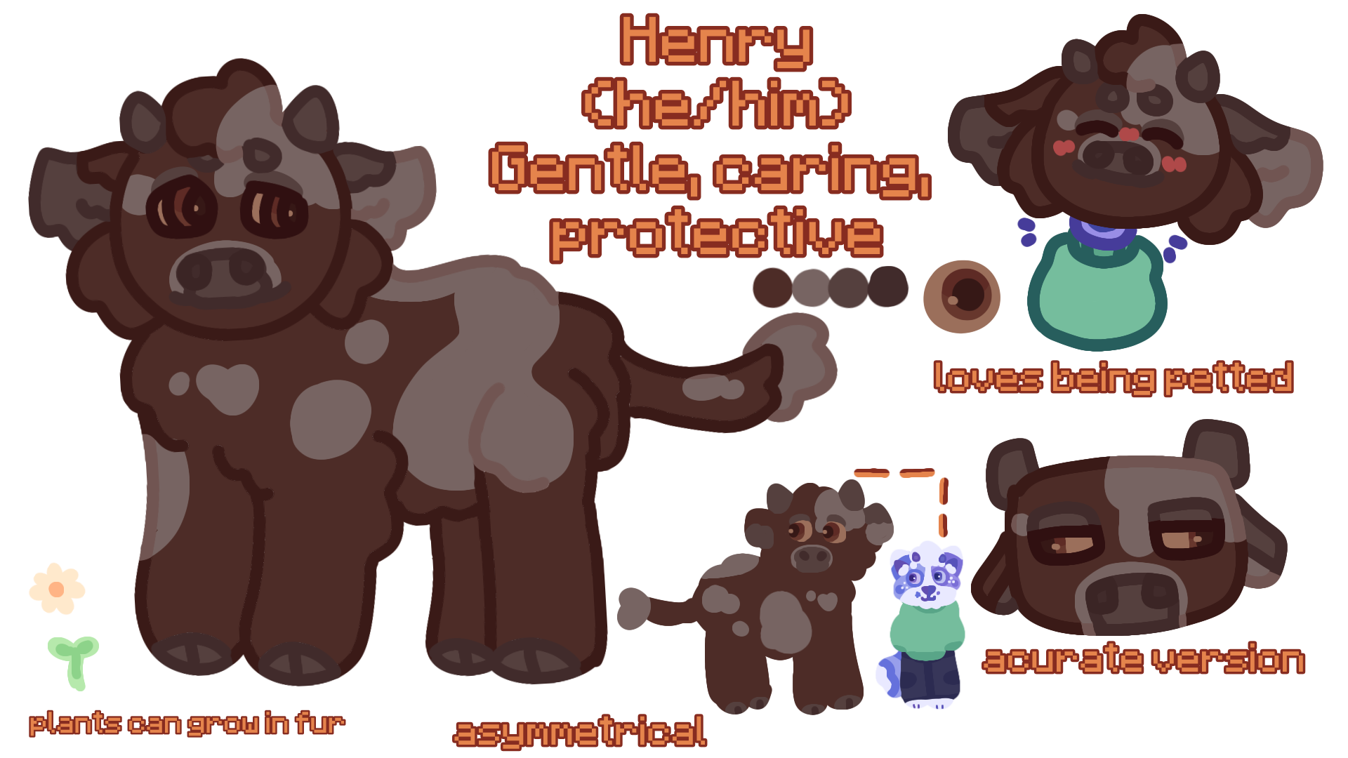 Reference sheet of my OC Henry. He is a brown cow with gray spots who is gentle, caring and protective. Plants and flowers can grow in their fur, and he loves being petted.