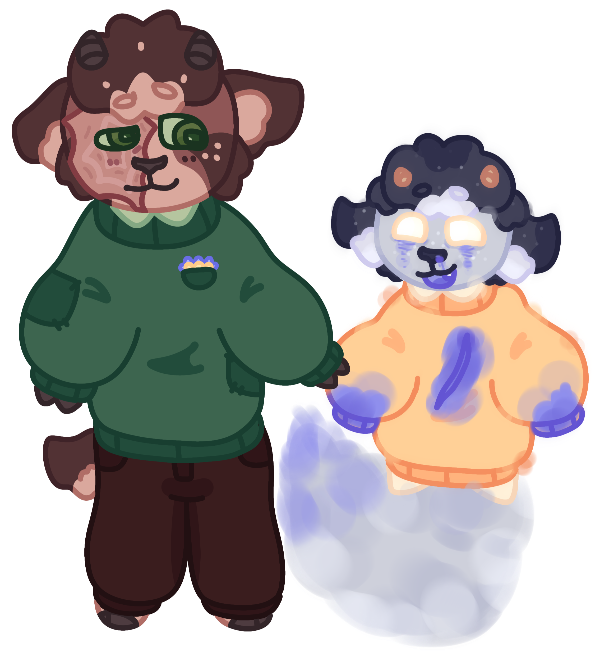 Two anthropomorphic rams, Mortimer and Ghostie. Mortimer, a brown ram with a burn scar and green sweater smiles at Ghostie, a ghost ram with blue-bleeding scars and a yellow sweater, who talks happily.