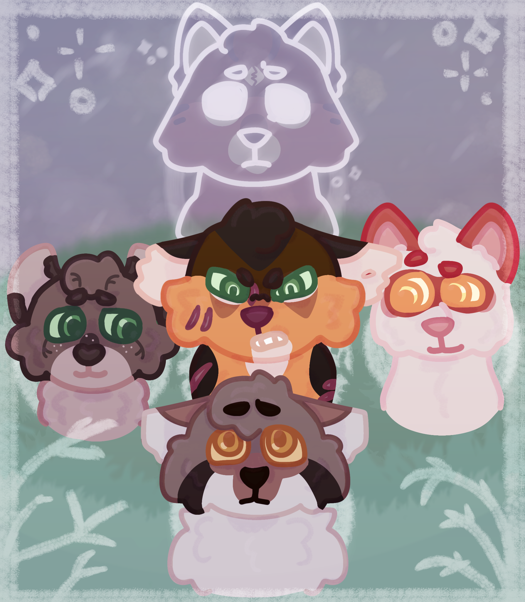 Book cover-like scene of Pawz by water's cat OCs.