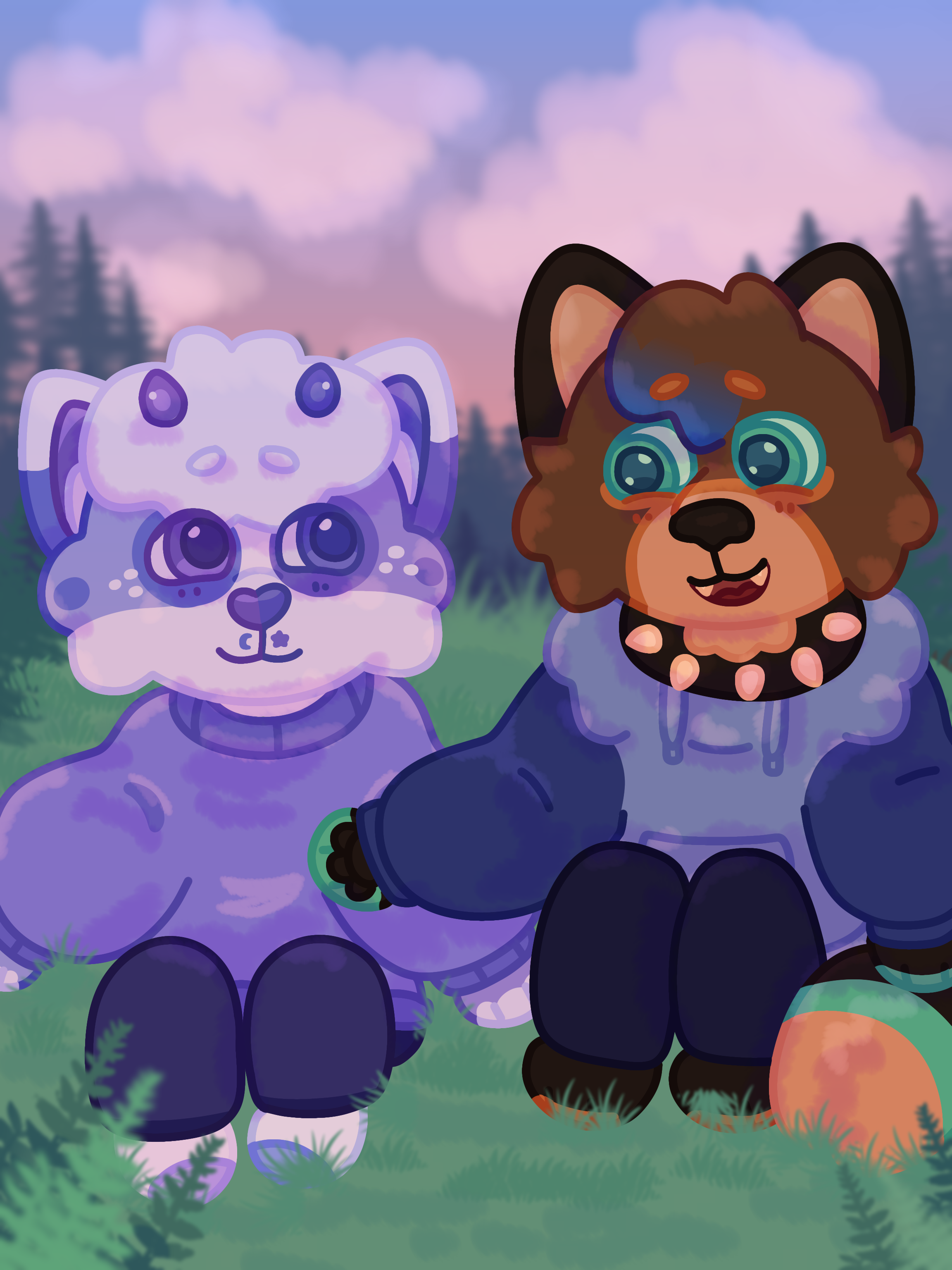 Scene of Periwinkle and a fox sitting in a pine forest with a light sunset in the background. Periwinkle smiles and looks at their friend beside them. Their friend is a brown, orange, and teal fox with blue hair. He wears a spiked collar, blue hoodie, and black sweatpants, and talks cheerfully to them with a front paw raised.
