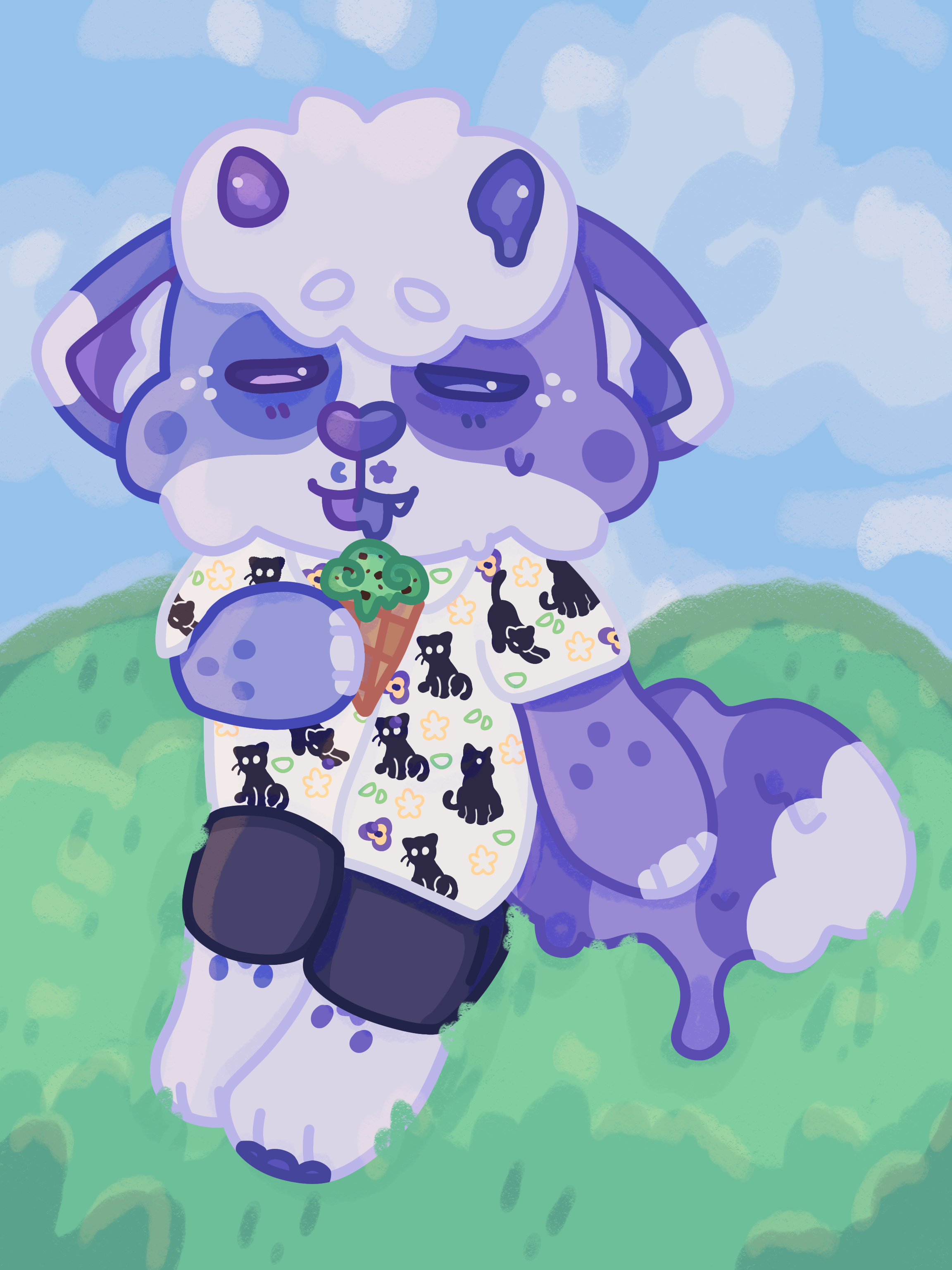 Scene of Periwinkle sitting in a field on a hot summer day. They have a mint chocolate chip ice cream cone in their paw and their tail is melting into liquid from the heat. They wear a white buttoned shirt with black cat patterns and black shorts.