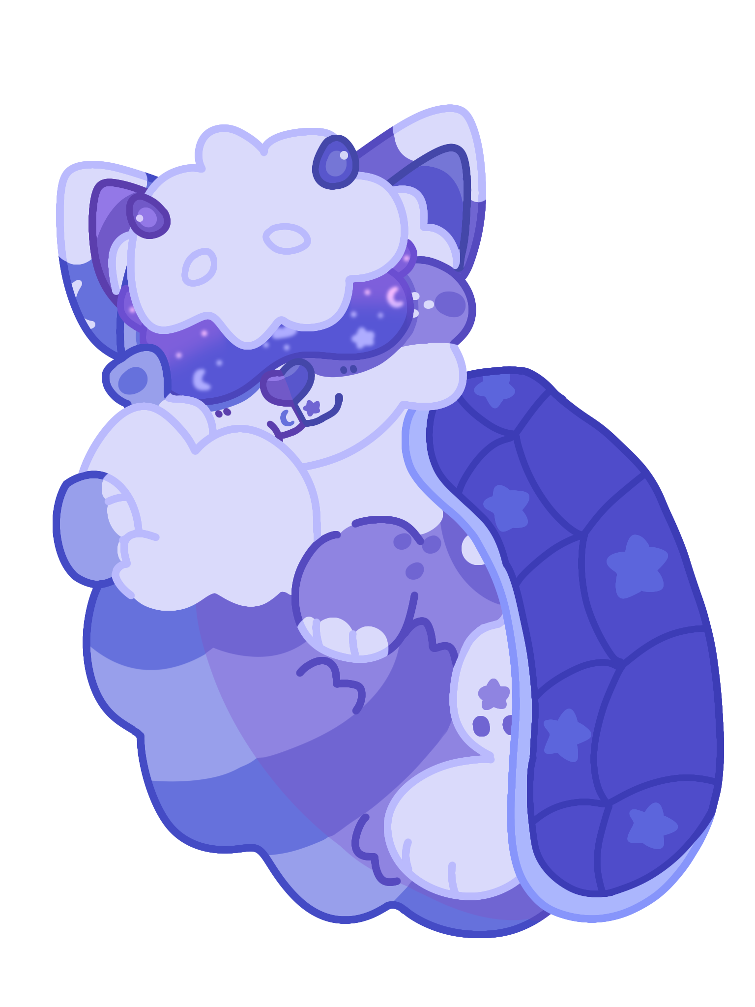 Periwinkle curled up and happily purring while hugging their fluffy tail. They wear a sleep mask and blanket with star and moon patterns.