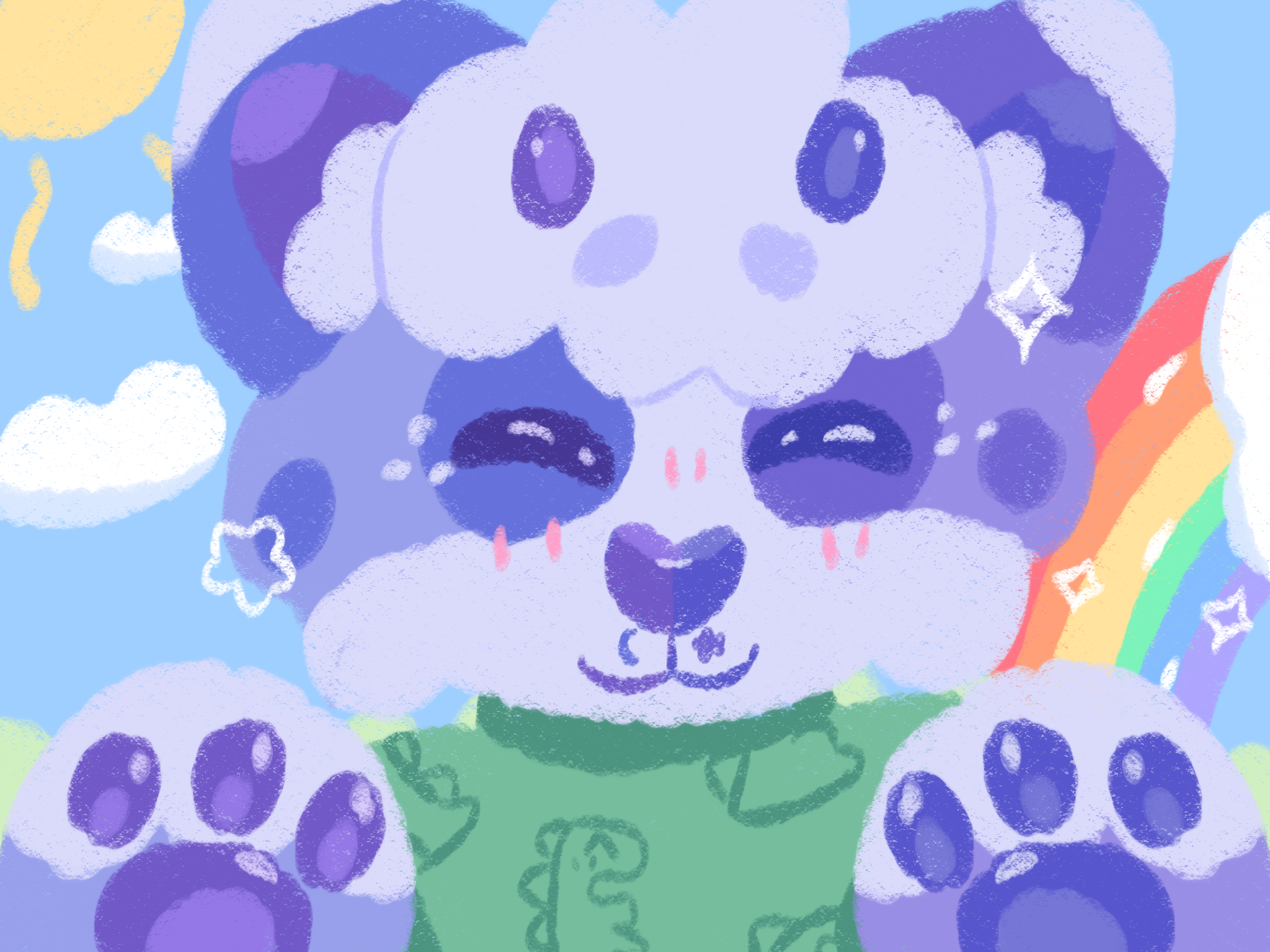 Periwinkle in a crayon-like style smiling with their paws to the viewer like a selfie. The background is a bright blue sky with cartoony sun, clouds, and a rainbow.