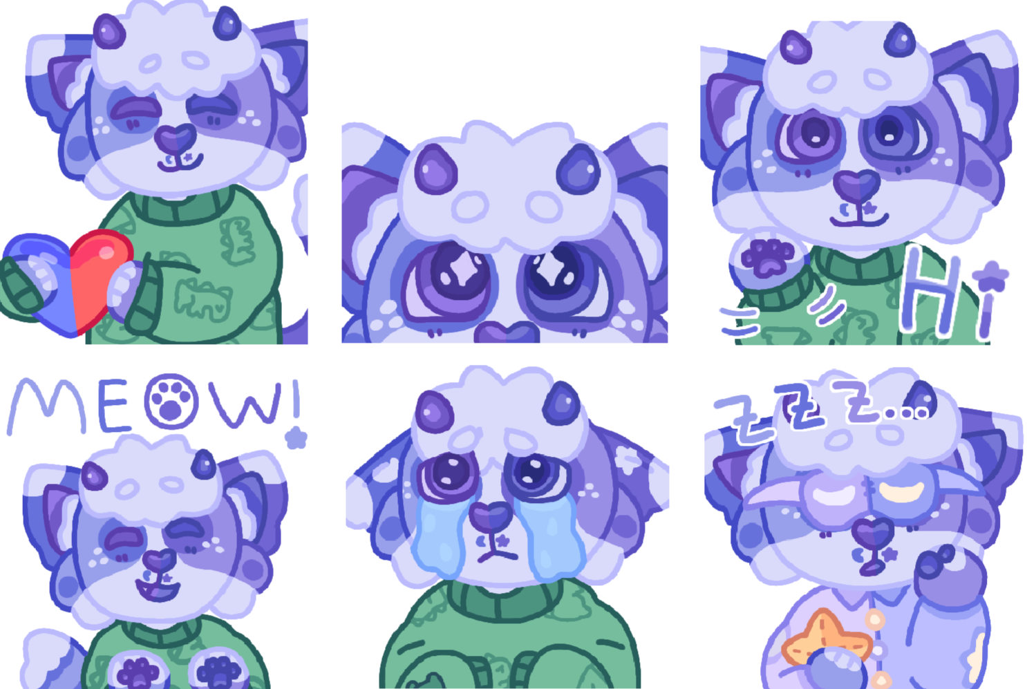 Emojis of my fursona Periwinkle. The expressions are: love, peeking, waving, meowing, crying, and sleepy.