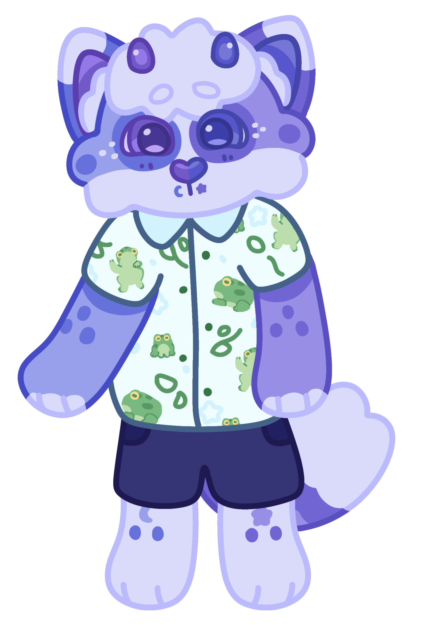 Periwinkle stands happily while wearing a white buttoned shirt with frog patterns and black shorts.