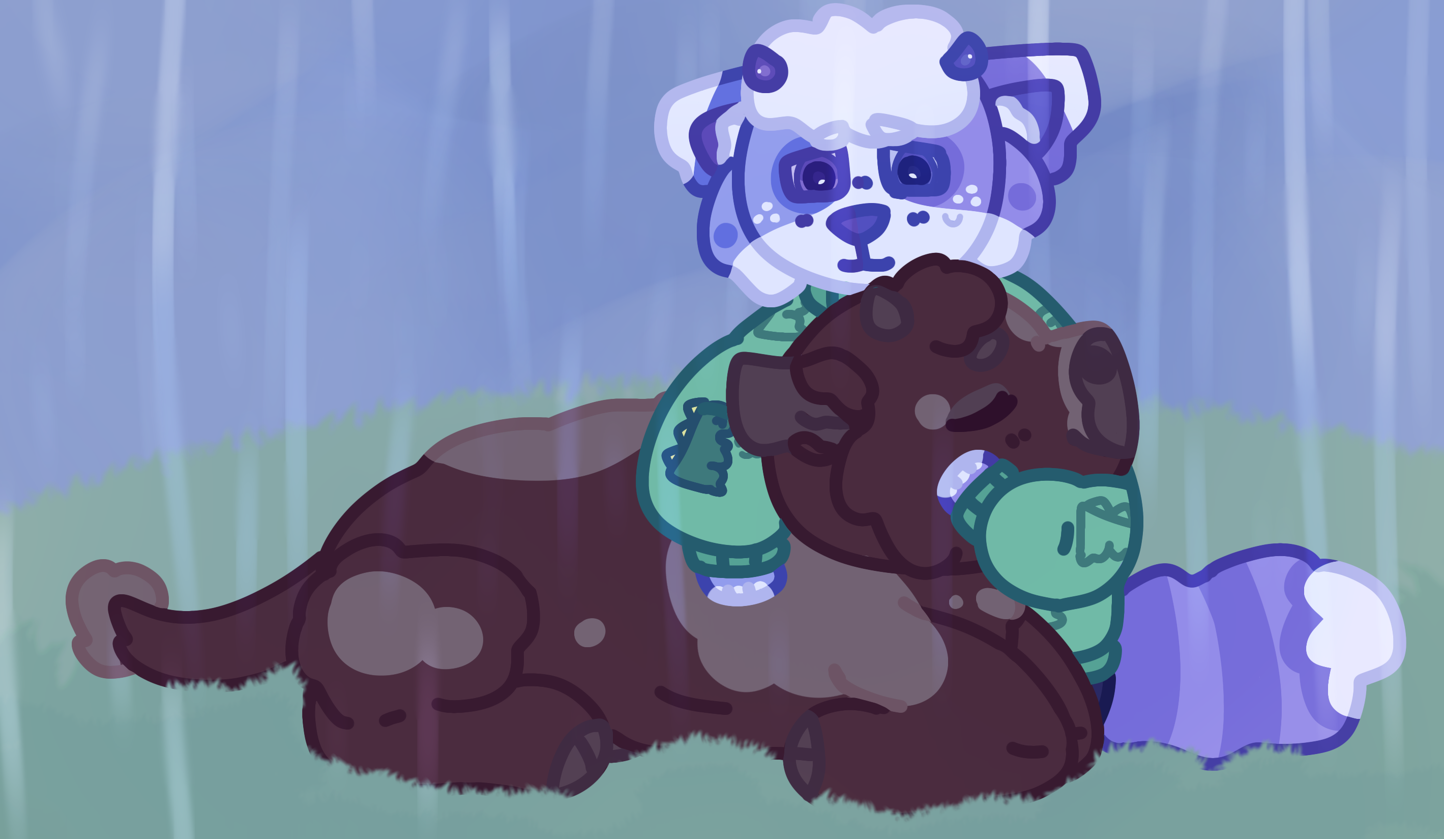 Scene of my fursona Periwinkle hugging Henry, a brown cow with gray spots, anxiously in a rainy field.