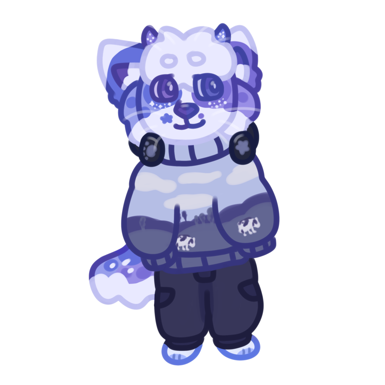 Original design of my fursona Periwinkle. They are an anthropomorphic blue, purple and white cat with cow horns. They wear a sweater with a design of cows in a field, headphones on their neck, and light blue socks.