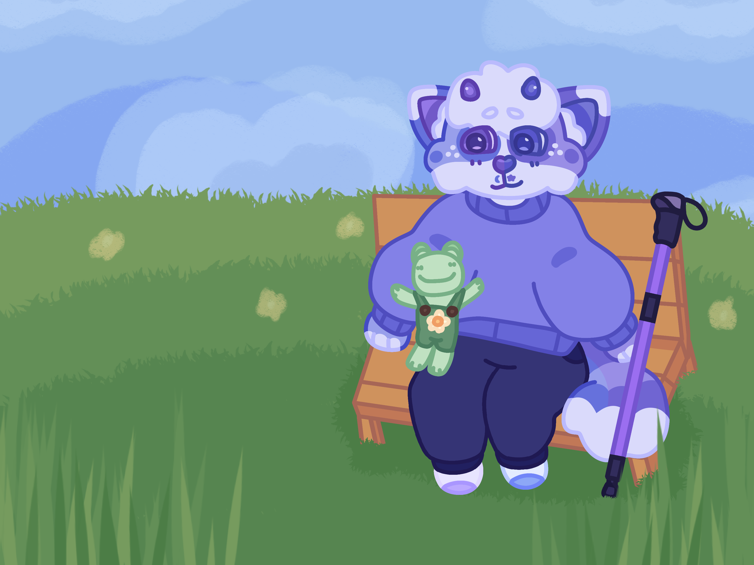 Periwinkle sits on a bench in a flowery, grassy clearing happily with a purple walking stick laying beside them. On their lap is Pickle, a green frog plush wearing flower overalls, happy with her arms outstretched.