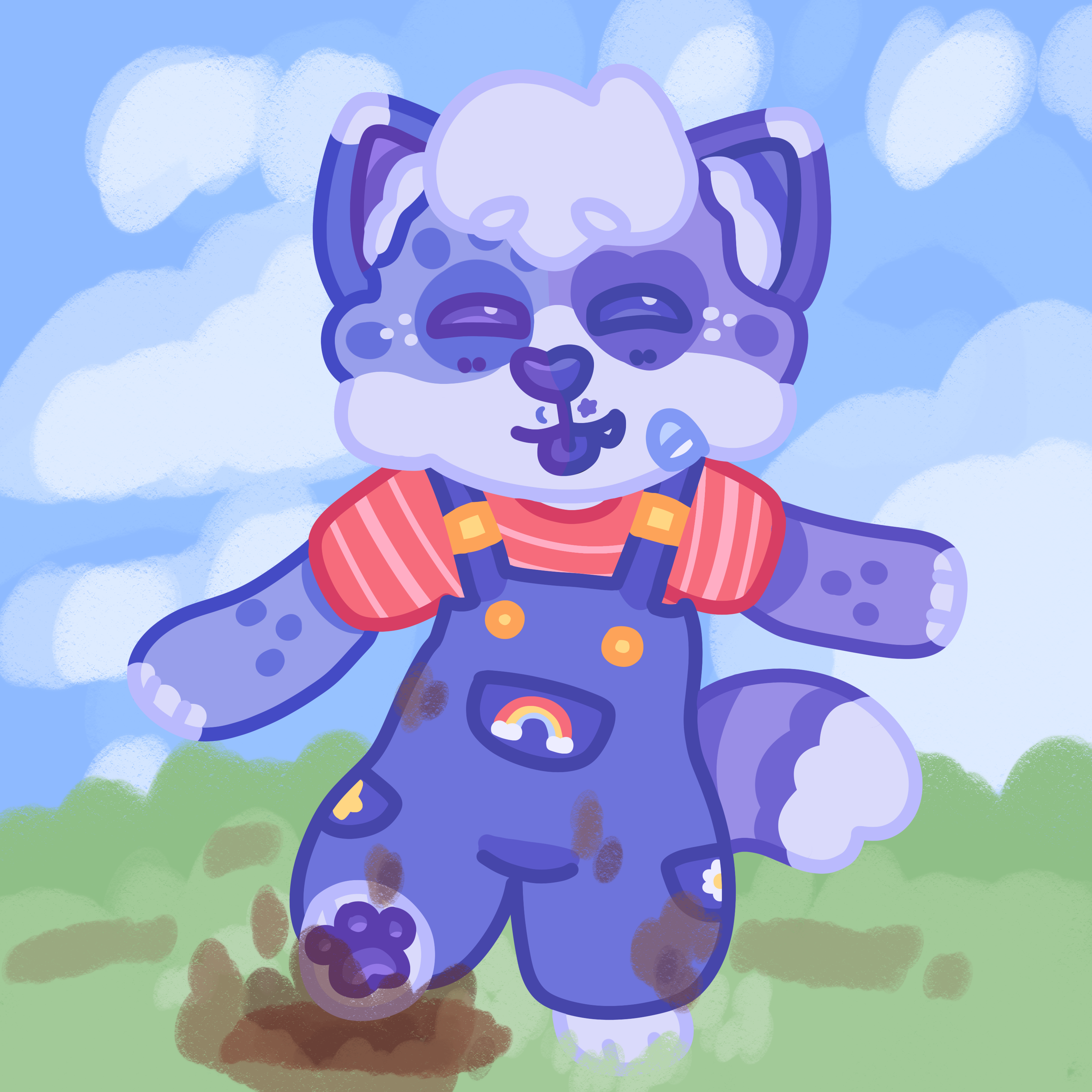 Periwinkle as a kitten splashing in mud puddles on a spring day. They wear a red-striped shirt underneath colorful overalls, sticking their tongue out happily.