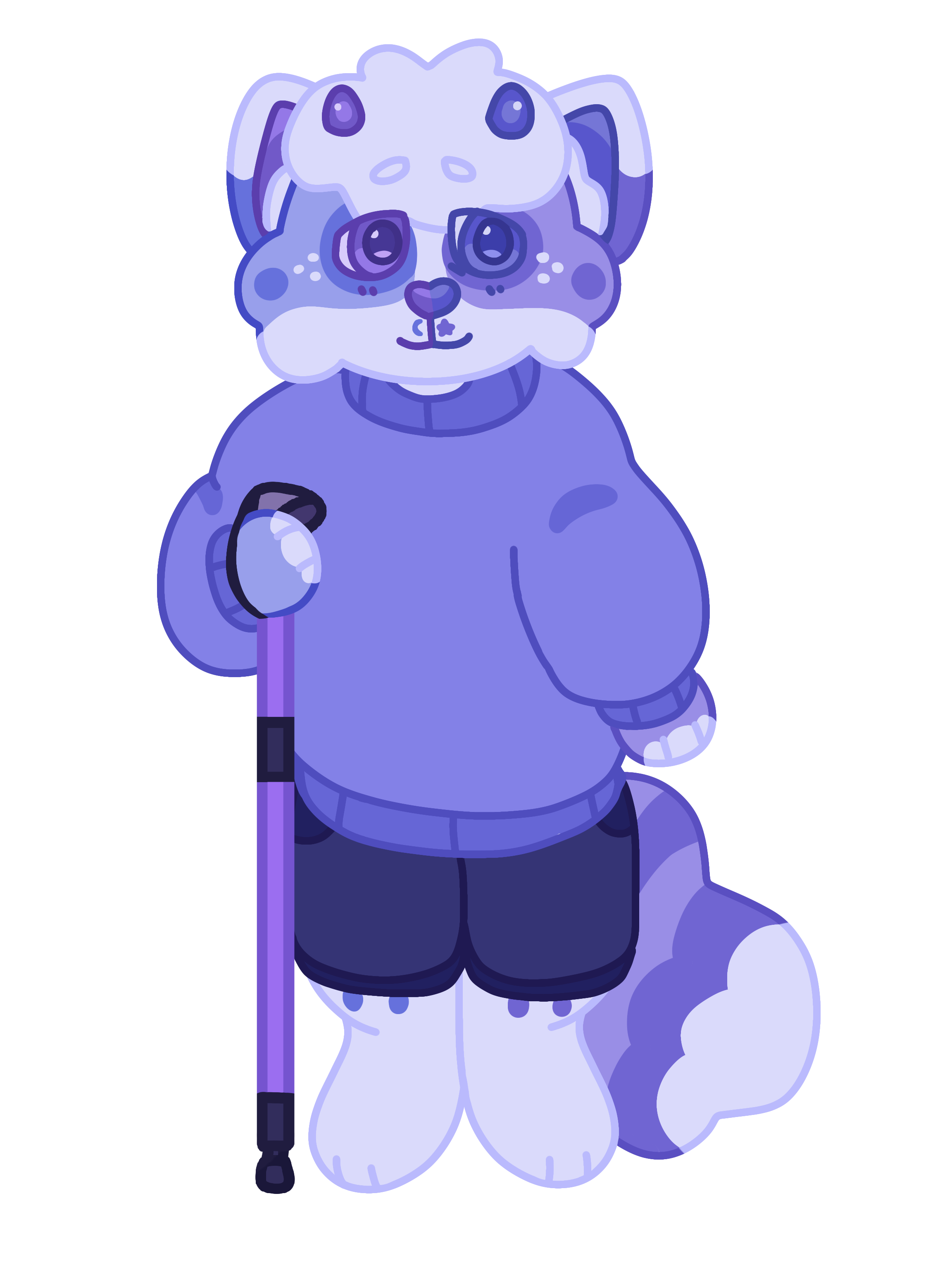 Periwinkle stands and smiles while holding a purple hiking/walking stick.