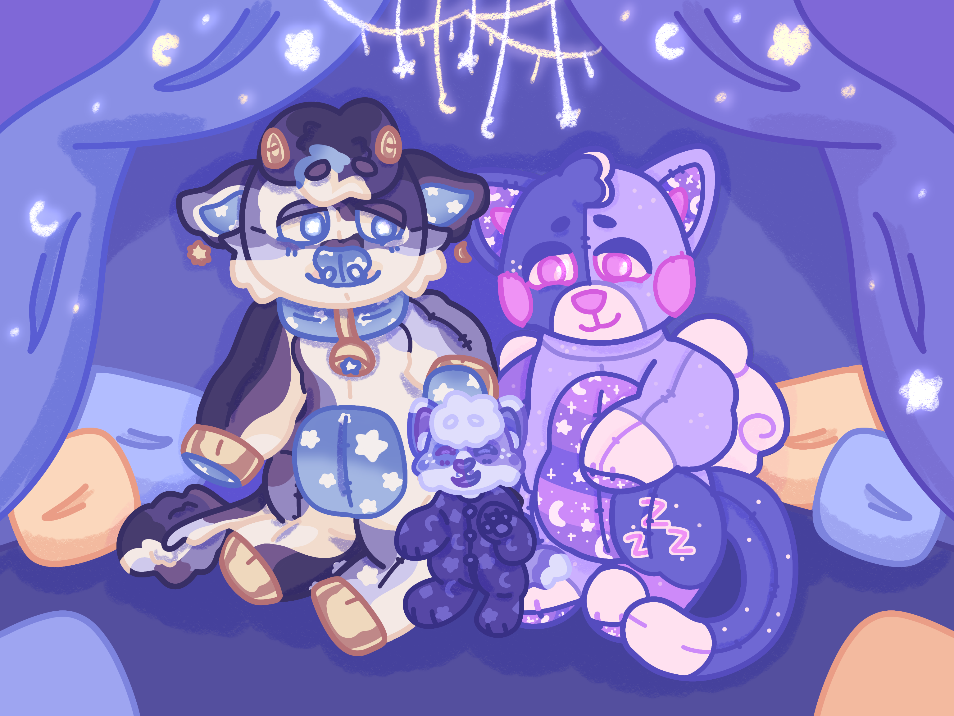 Scene of three anthropomorphic plush animals in a pillow fort. Lullaby, a fluffy cow plush smiles as they sit beside Slumpurr, a sleepy cat plush who is looking down at Periwinkle, a playful kitten standing between them and wearing a onesie. The background is a pillow fort with yellow and blue pillows. Glowing star and moon lights shine above them.