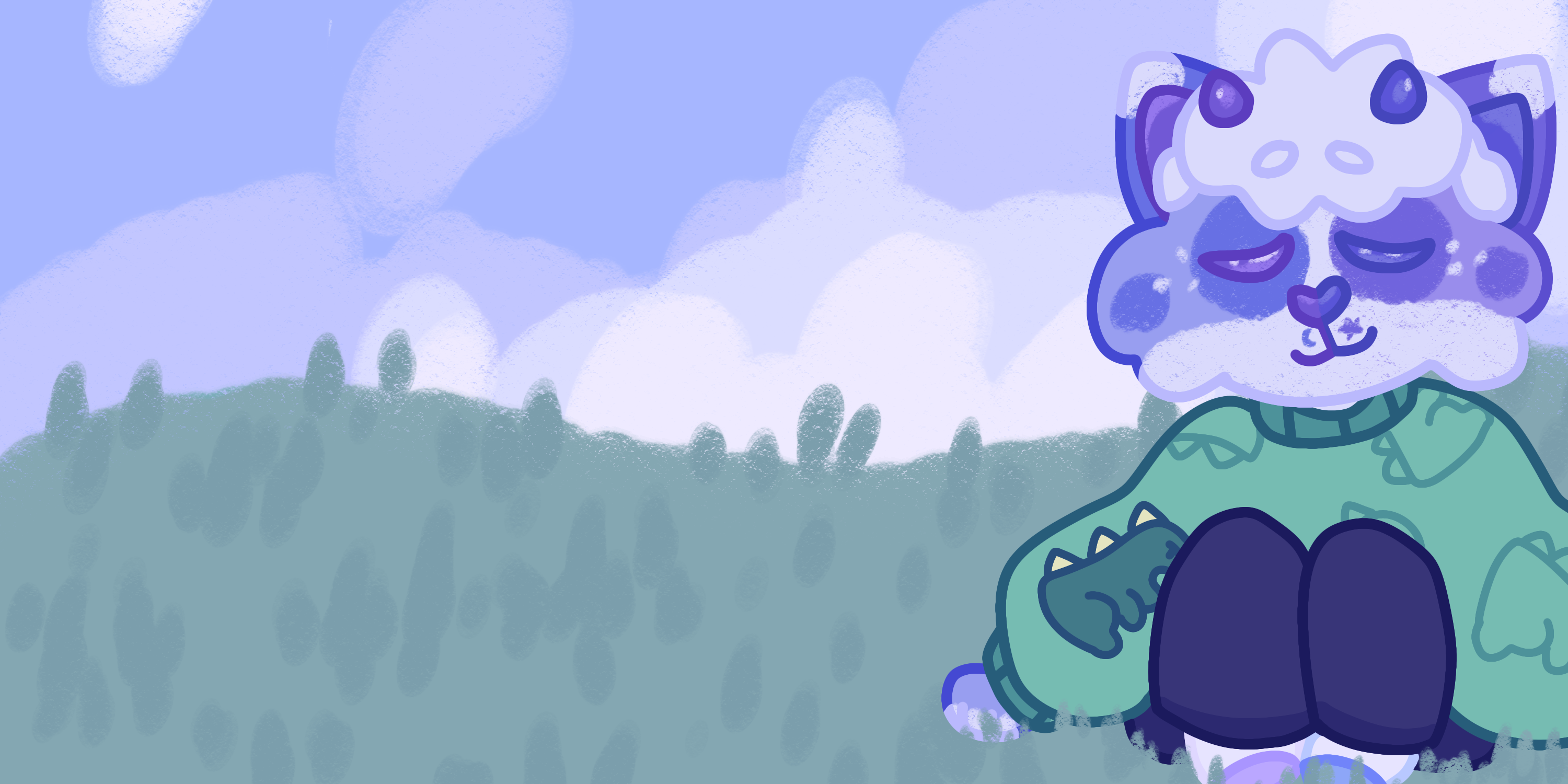 Periwinkle in a soft style sitting calmly in a grassy field. The sky is bright blue with dreamy white clouds.