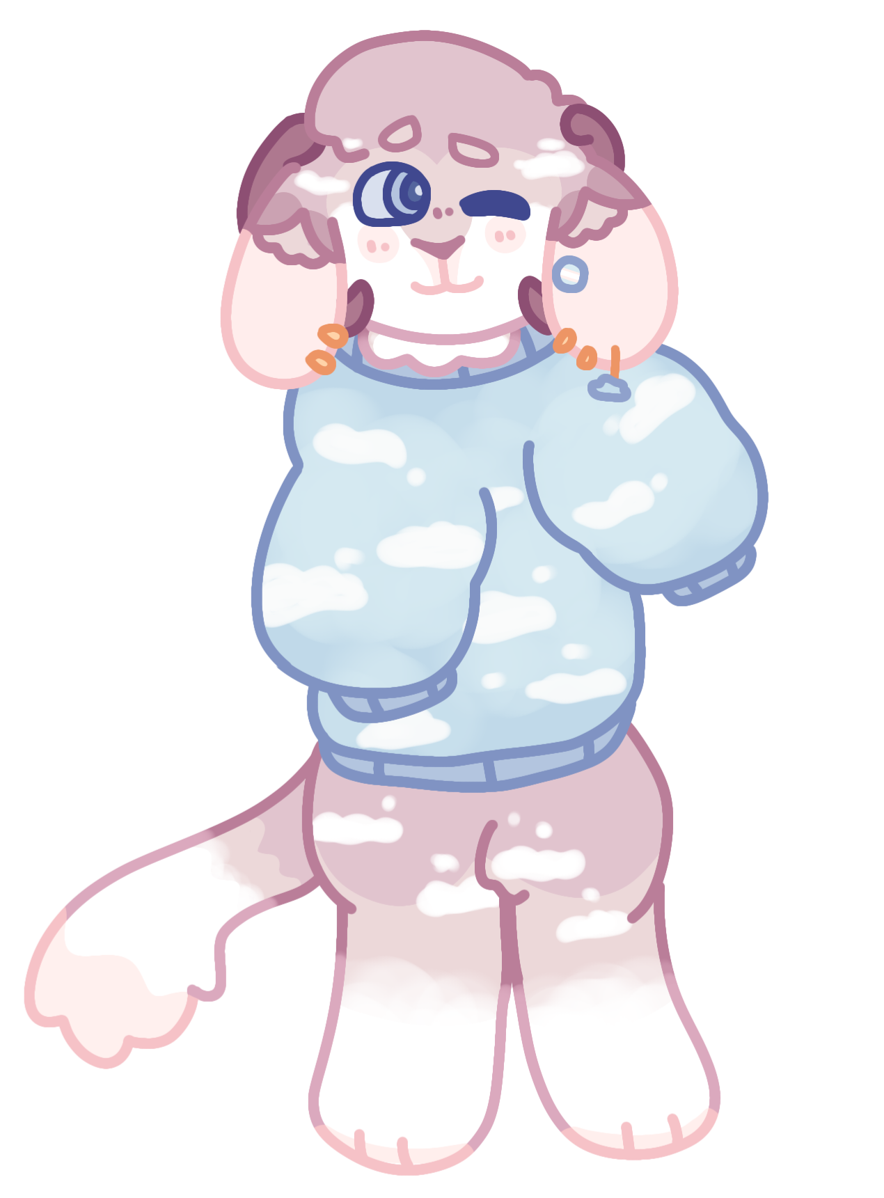 My OC Pluto, they are an anthropomorphic cream-colored ram-cat with cloud markings. They wear an oversized sky blue sweater with cloud patterns.