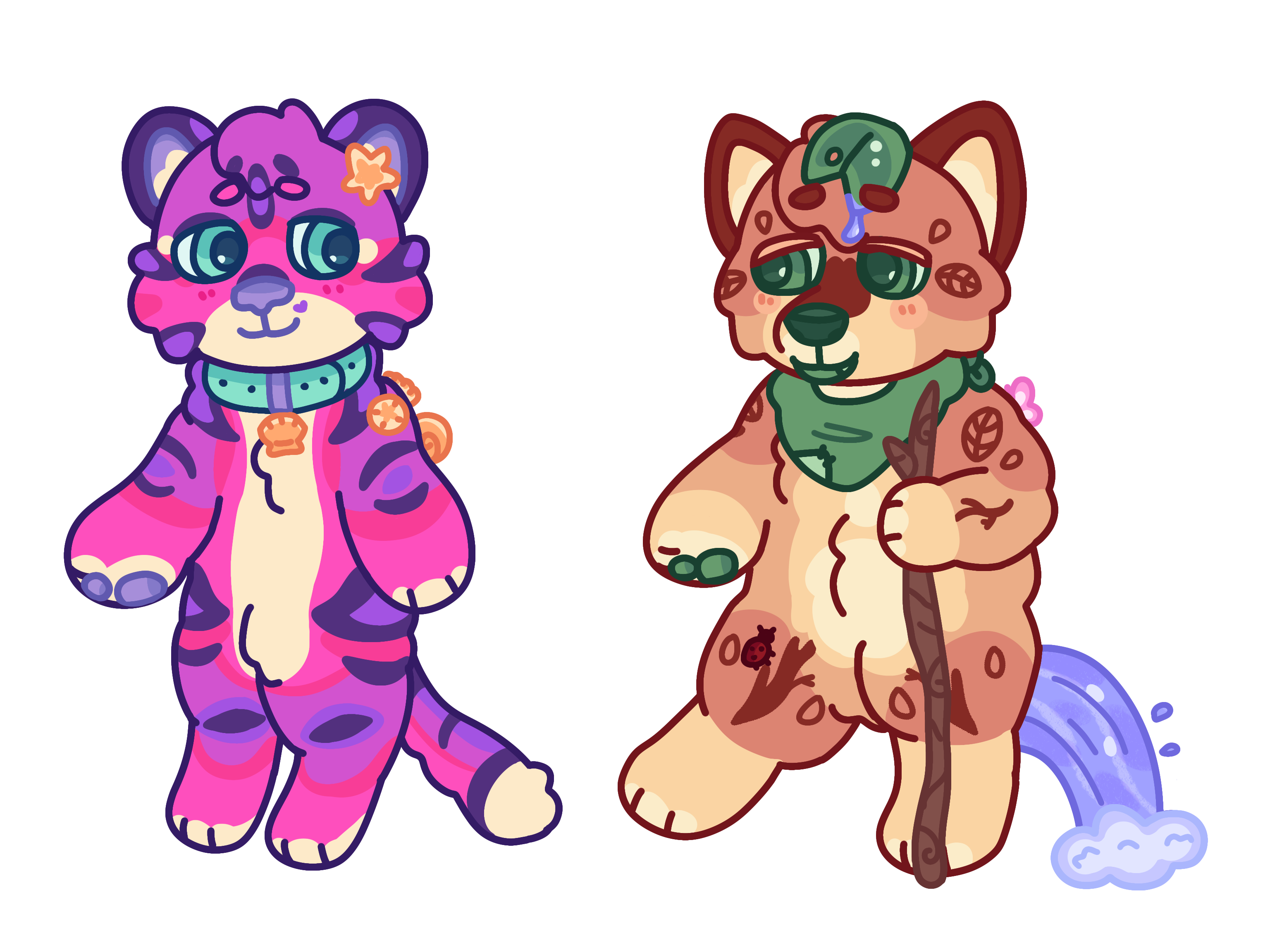 Two anthropomorphic animal characters. One is a magenta and purple tiger with seashells in their fur and a teal collar. The other is a brown wolf with leaf markings, a lilypad hat, waterfall tail, and holding a wooden hiking stick.