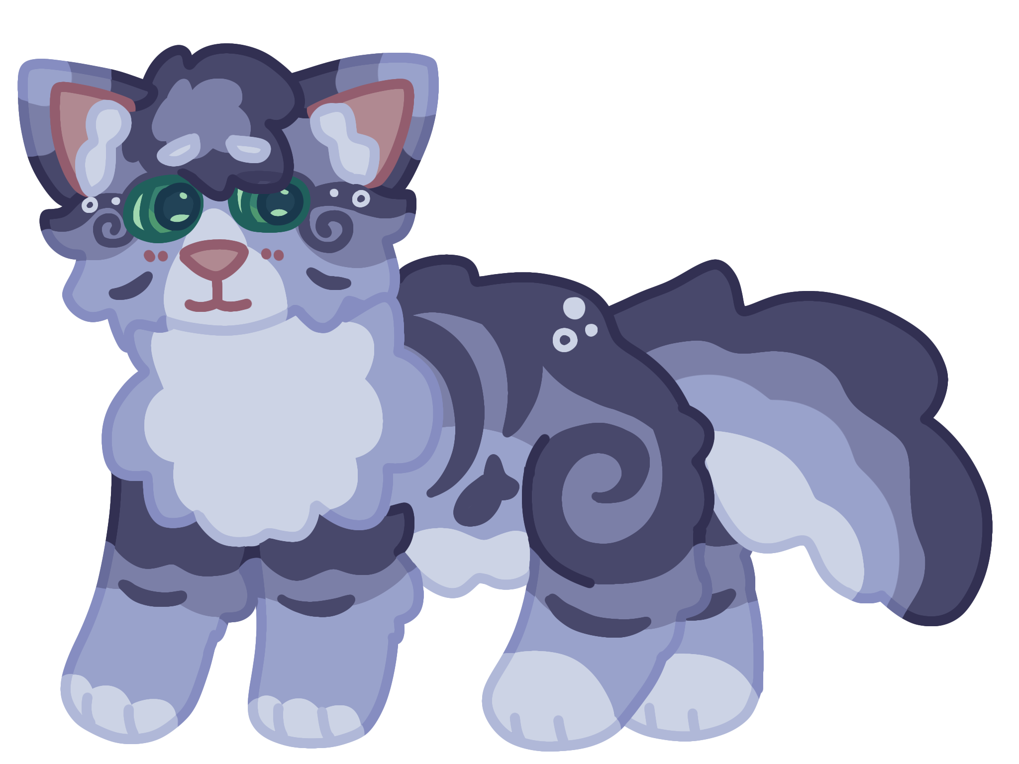 Design of River Ripple from Warriors. He is a gray cat with darker stripes resembling a rippling river. He has long, wavy fur and emerald-green eyes.