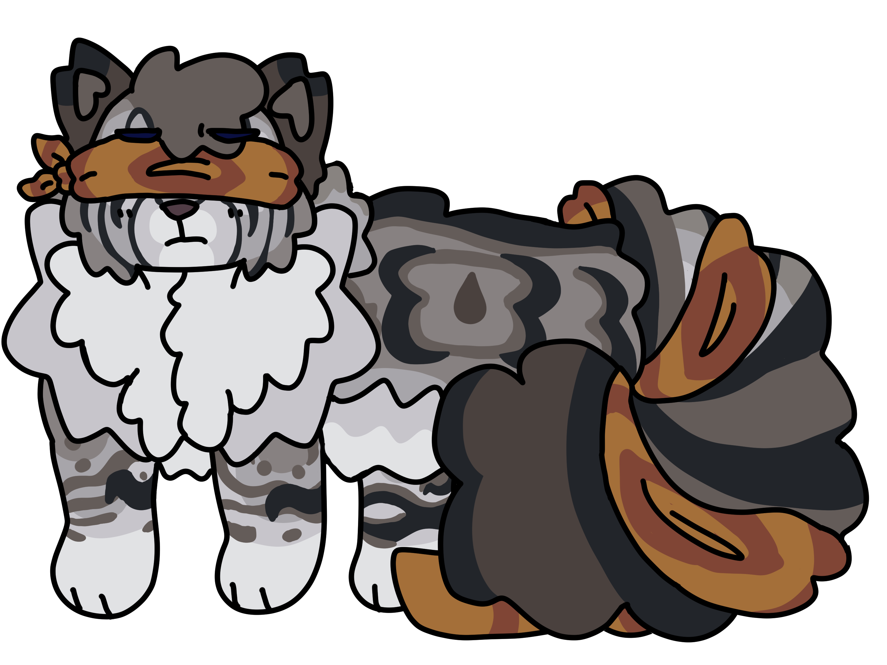 Fullbody of Screen, a fluffy gray tabby cat with a grumpy expression. He wears a brown striped blindfold and scarves around his large tail.
