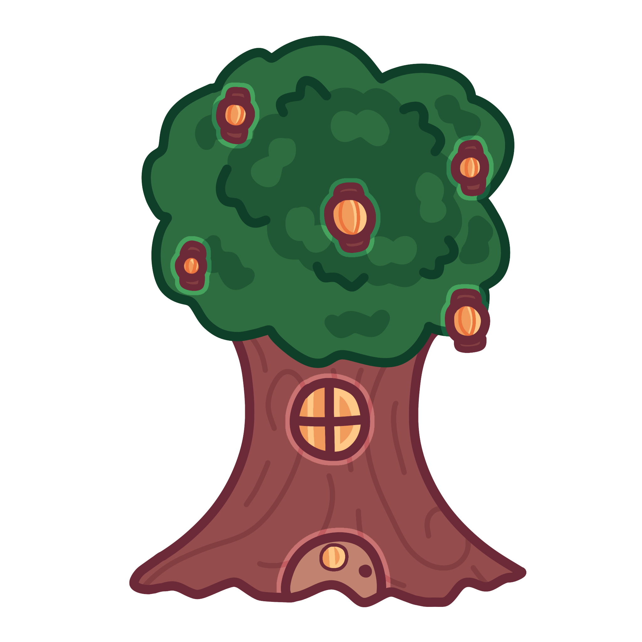 Sleeping Valley icon, an oak tree with a door, window, and lanterns hanging from it. Click to go to website.