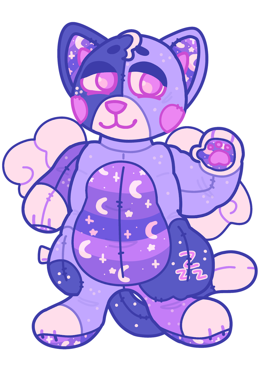 Fullbody of a purple anthropomorphic cat plush with white markings and angel wings. They have a soft, sleepy expression and hold a paw up. On their stomach, paws and inner ears is a multi-toned pattern with moons and stars.