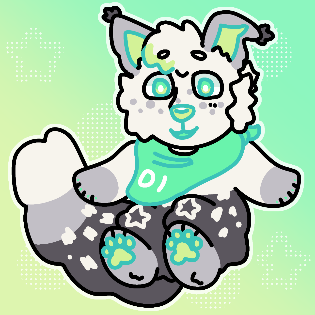 tetrominoes's OC Tetris. They are an anthropomorphic white, gray and green lynx-dog floating.