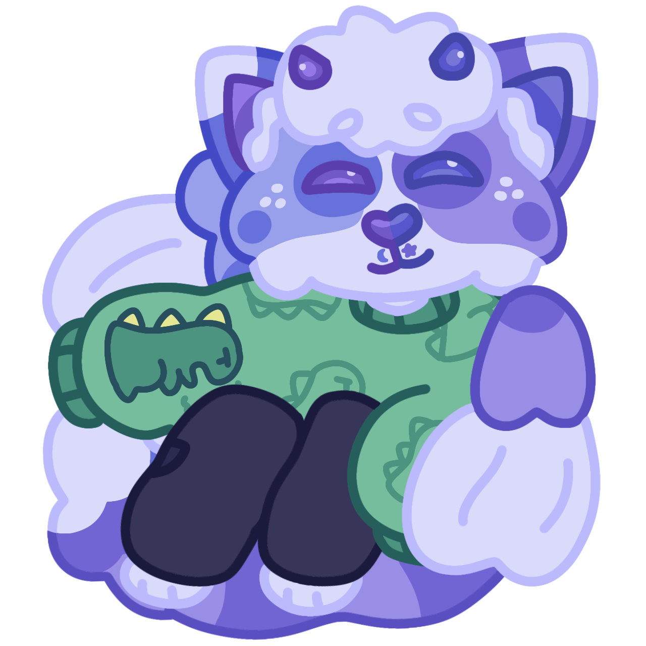 My fursona, a winged blue purple and white cat wearing a green dino sweater and black sweatpants.