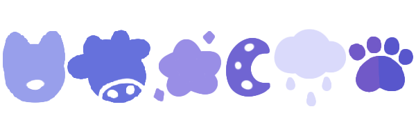 Periwinkle's color palette: sky blue, royal blue, lavender, purple, and white. Each color is a different symbol: a cat, cow, star, moon, cloud, and paw.
